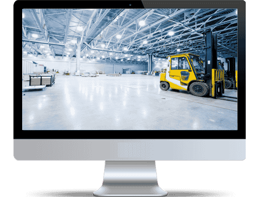 a spacious warehouse with a yellow vehicle bigsun